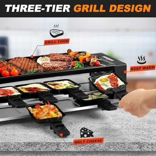 Three-tier grill with sections for grilling food, keeping warm, and melting cheese.
