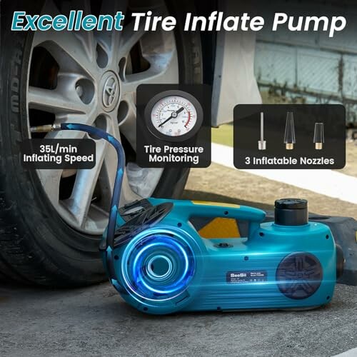 Portable tire inflator pump next to a car tire with features highlighted.