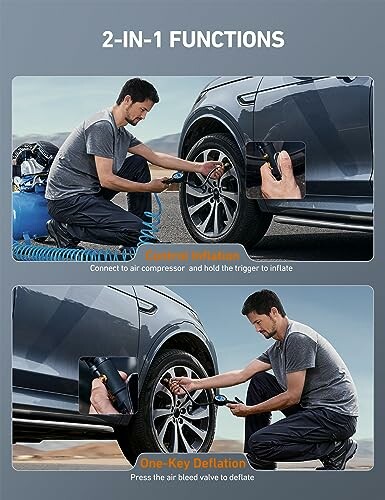 Man using air compressor to inflate tire and deflating it with air bleed valve.