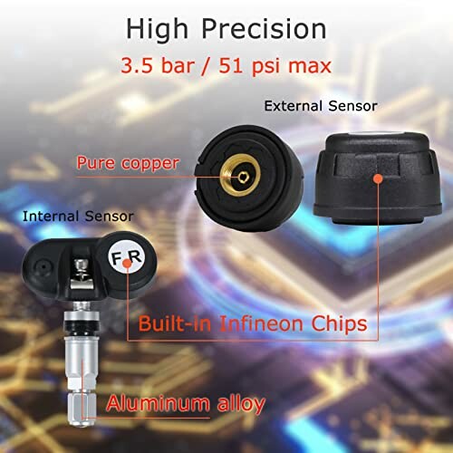 High precision tire pressure sensor with copper and aluminum components, built-in Infineon chips.