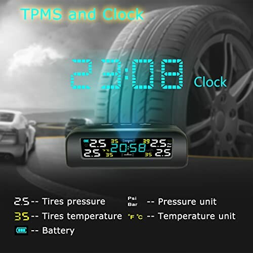 TPMS and clock display showing tire pressure and temperature.