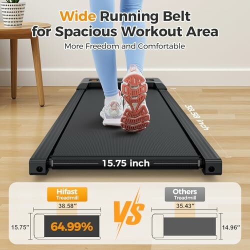 Person walking on a wide treadmill belt, highlighting size comparison with others.