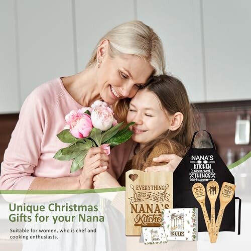 Grandmother and granddaughter with Nana-themed gifts and flowers