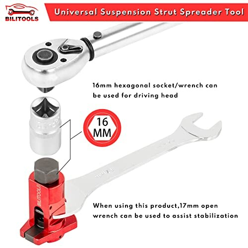 Universal suspension strut spreader tool with 16mm hexagonal socket and 17mm open wrench.