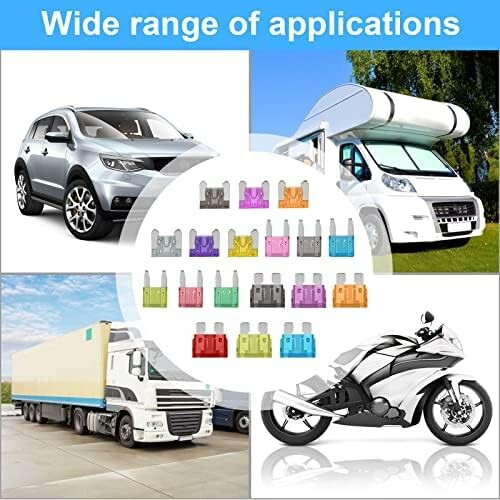 Image showing a variety of vehicles including a car, RV, truck, and motorcycle with an assortment of colorful fuses.