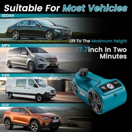 Pump for lifting sedan, MPV, van, and SUV to 17.7 inches in two minutes
