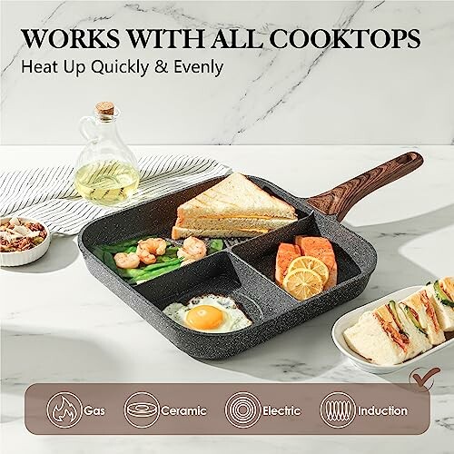 Multi-section frying pan with food, suitable for all cooktops.