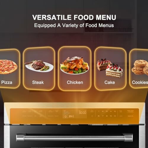 Versatile food menu with options for pizza, steak, chicken, cake, and cookies.