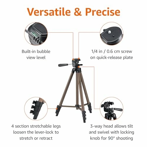 Camera tripod with features labeled, including bubble level, quick-release plate, stretchable legs, and 3-way head.