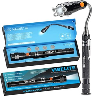 Vibelite LED magnetic flashlight with packaging and features.
