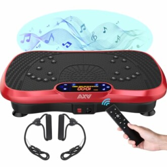 Red vibration plate exercise machine with remote and resistance bands.