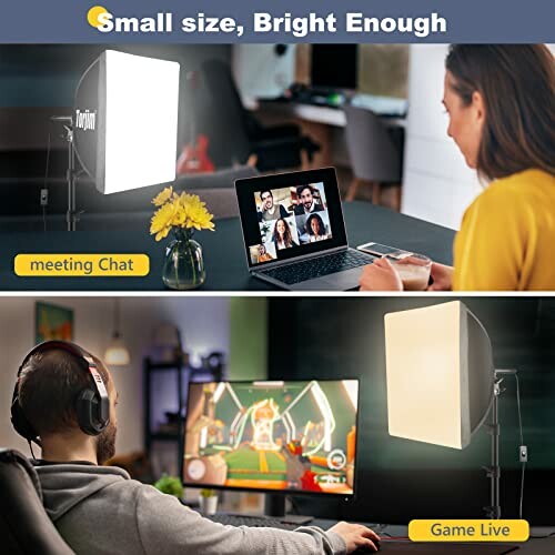 Two scenes showing lighting setups for video calls and gaming.