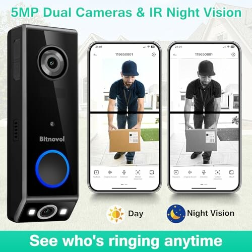 Video doorbell with 5MP dual cameras and IR night vision, showing day and night mode on smartphones.