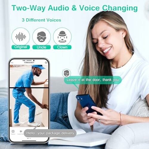 Woman using smartphone with video doorbell app showing two-way audio and voice changing features.