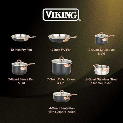 Viking cookware set with various pans and pots.