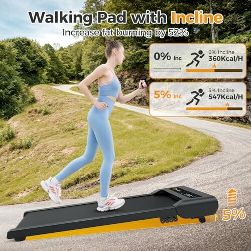 Person jogging on a walking pad with incline feature outdoors.