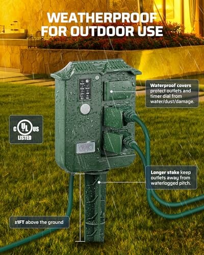 Weatherproof outdoor power outlet with waterproof covers and long stake.