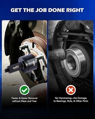 Comparison of wheel bearing removal methods, highlighting a tool for faster removal without wear.