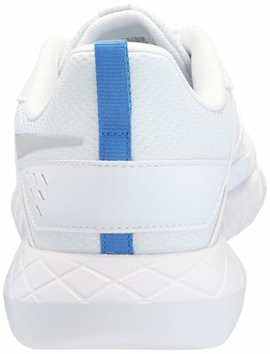 Back view of a white sneaker with blue stripe