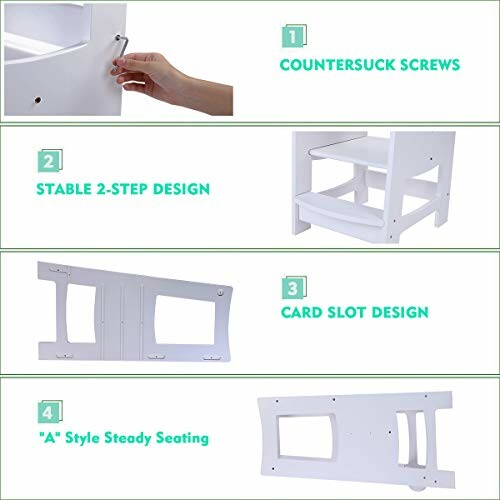 White step stool with countersunk screws, stable 2-step design, card slot design, and 'A' style seating.