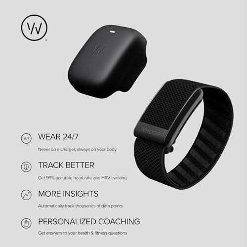 Whoop fitness tracker and charging pod with features list.