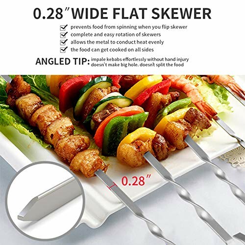 Wide flat skewers with meat and vegetables on a plate, highlighting skewer features.
