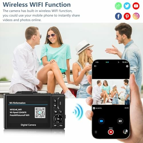 People using wireless camera with WiFi function for sharing photos.