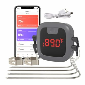 Wireless meat thermometer with smartphone app and probes.