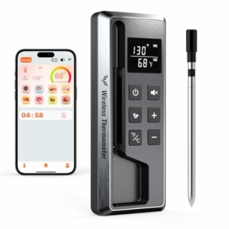 Wireless thermometer with smartphone app display and probe.
