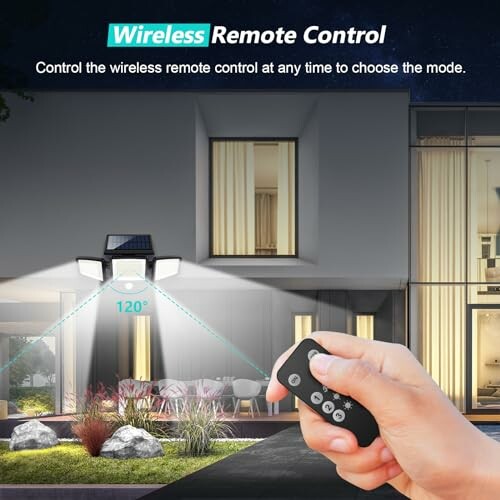 Hand holding remote controlling outdoor light fixture with 120-degree angle.