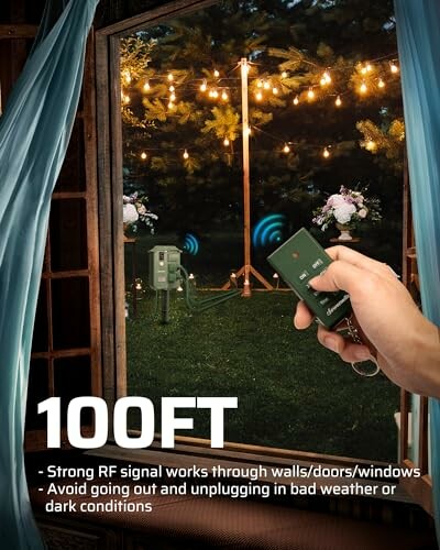 Person using remote to control outdoor lights through window with 100ft RF range.