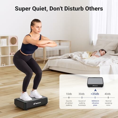 Woman exercising on vibration plate near sleeping child.