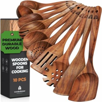 Set of 10 premium wooden cooking spoons with box.