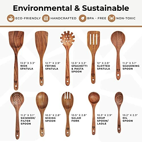 Set of eco-friendly wooden kitchen utensils including spatulas, spoons, and ladles.