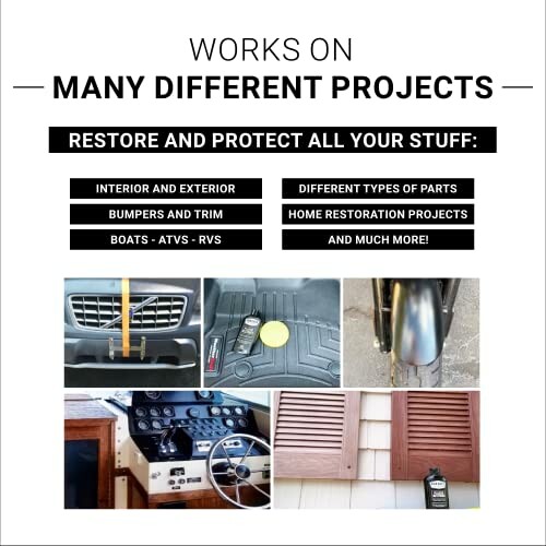 Collage of restoration projects including vehicle interiors, parts, and home restoration.