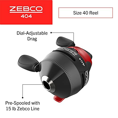 Zebco 404 fishing reel with features highlighted.